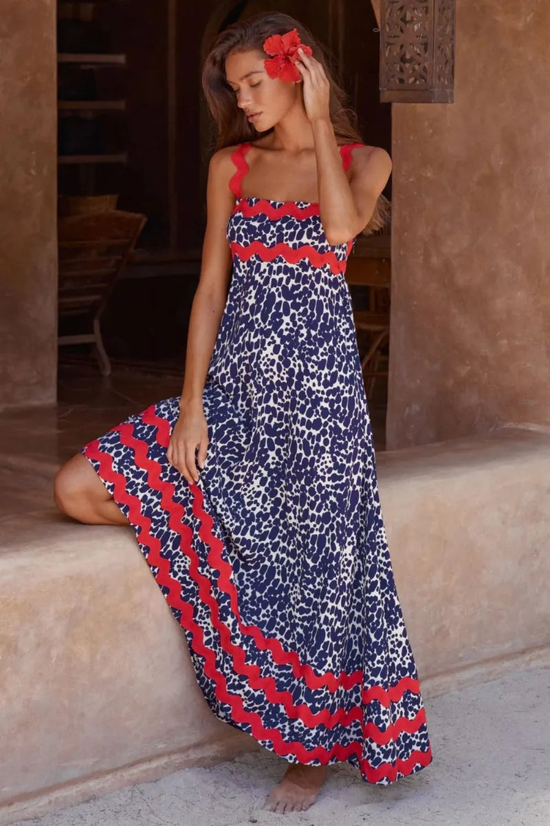 Printed square neck wide strap maxi dress front