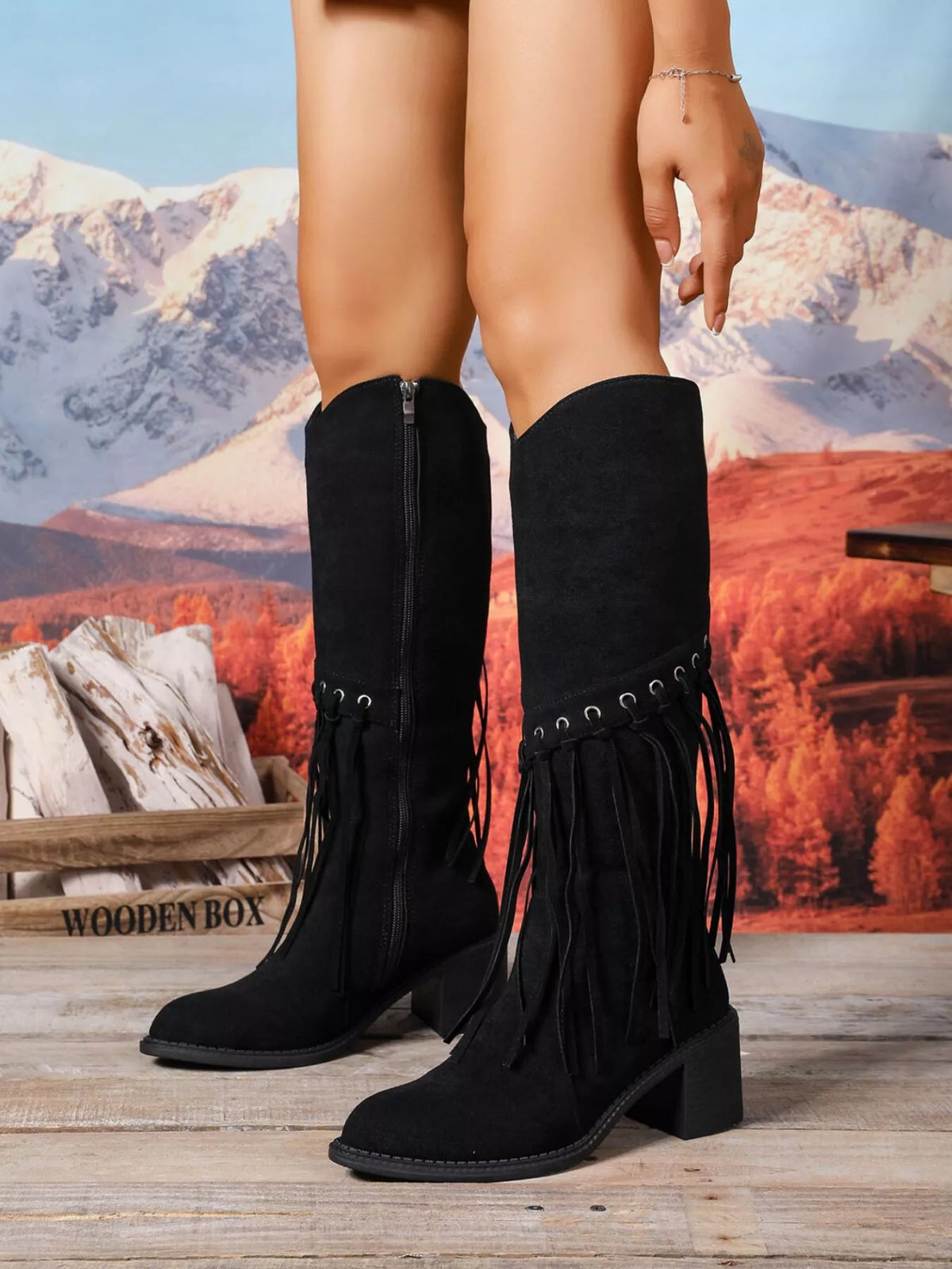 Fringe pointed toe block heel boots front view