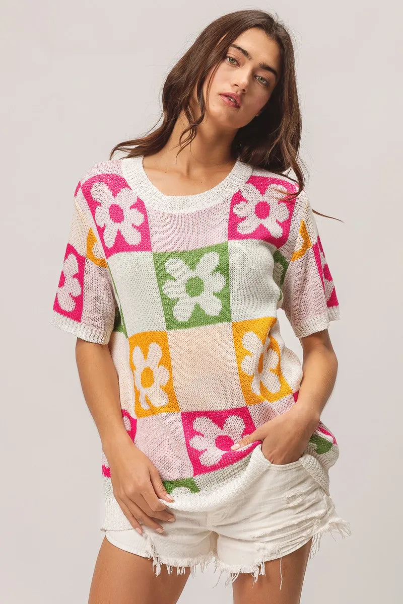 Floral Check Lightweight Sweater Top view 10
