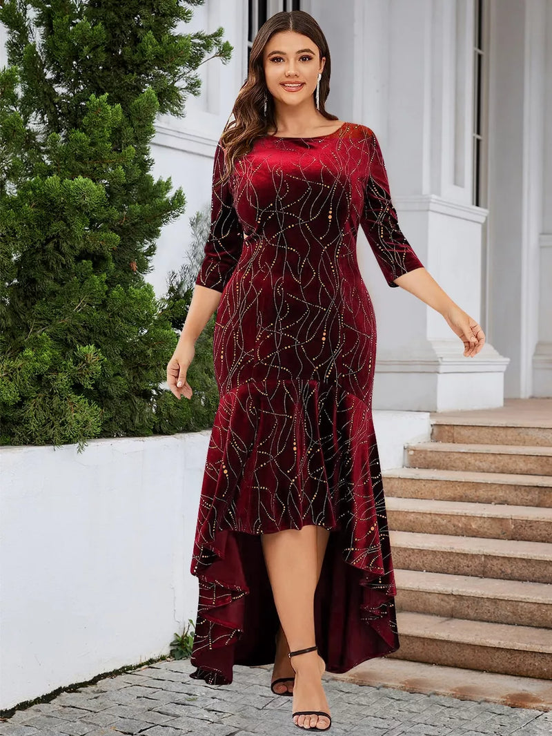 Plus size ruffle hem high low dress in burgundy front view
