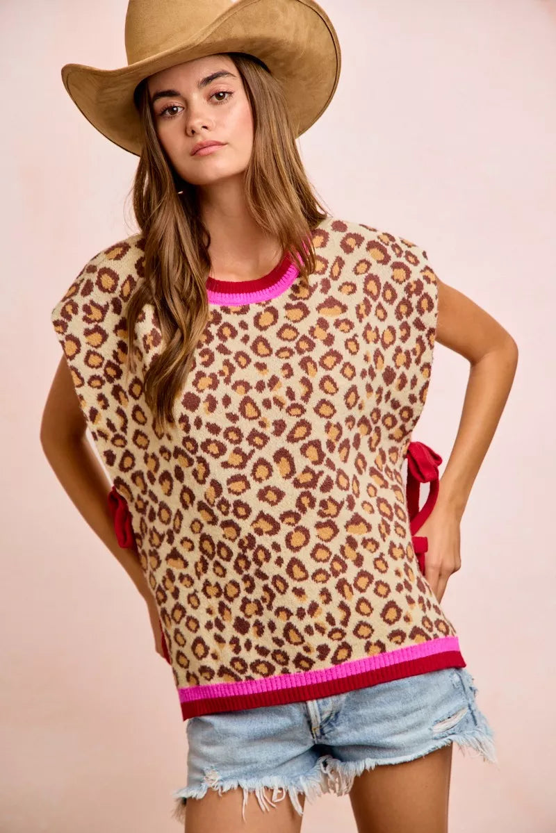 Leopard print side tie sweater vest front view