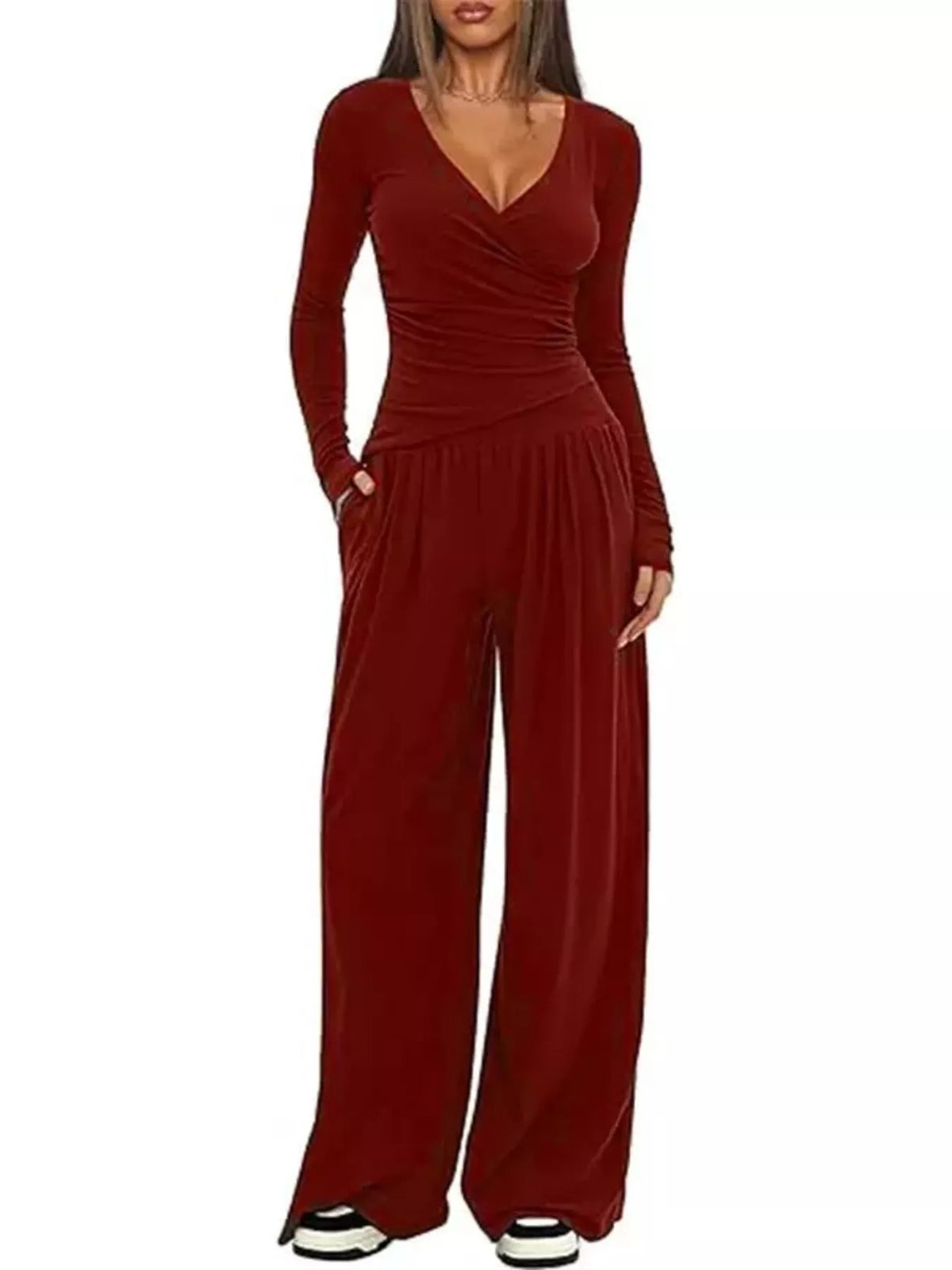 Casual Long Sleeve Top and Wide Leg Pants Set, view 17