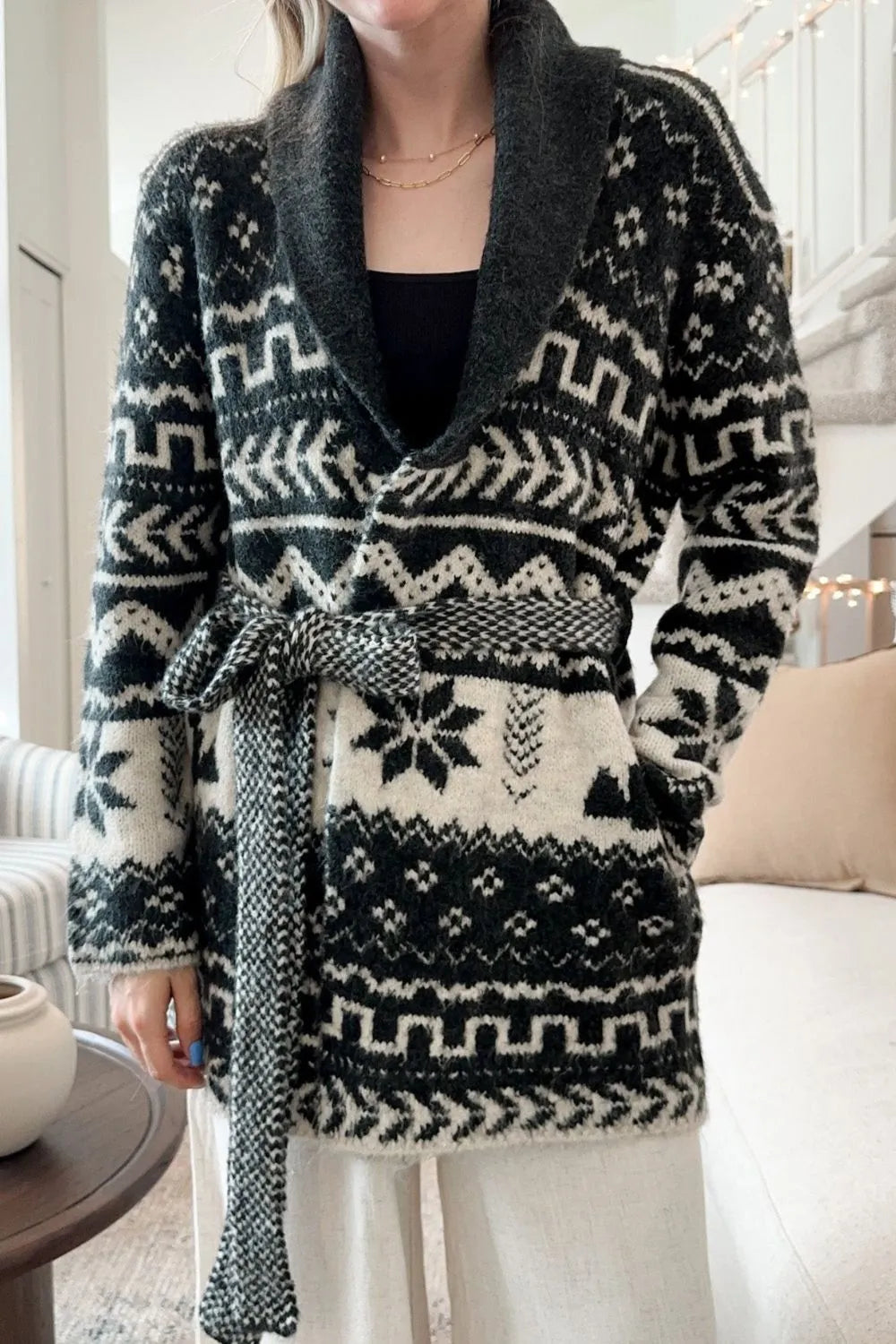 Snowflakes Collared Neck Long Sleeve Cardigan Black - Fashorio
