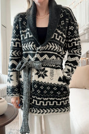 Snowflakes Collared Neck Long Sleeve Cardigan Black - Fashorio