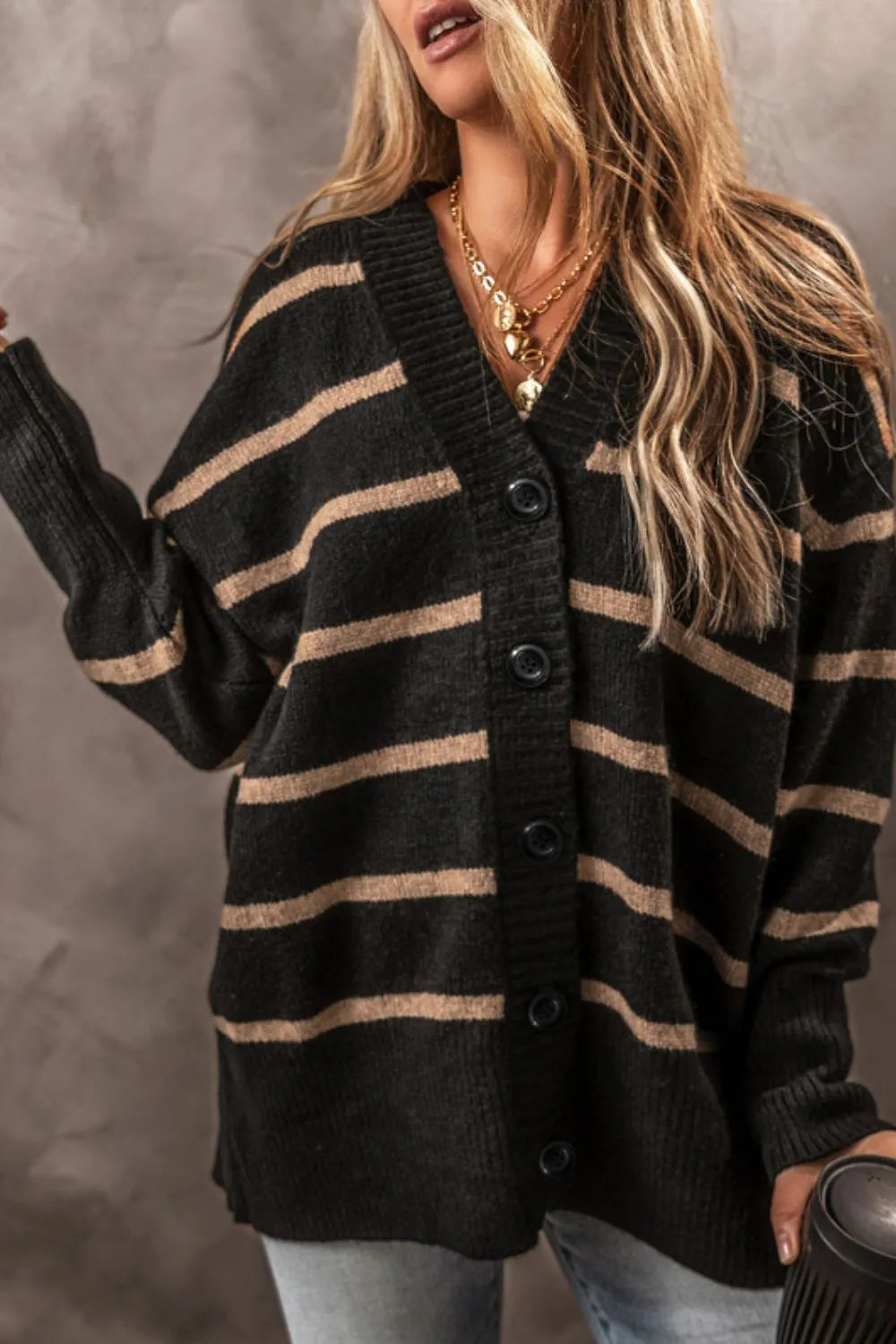 Striped Button Down Long Sleeve Cardigan - Fashorio