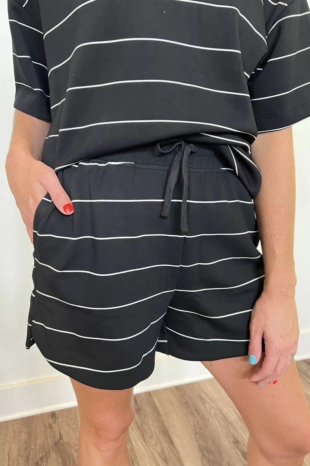 Striped round neck top and shorts coordinated set back view