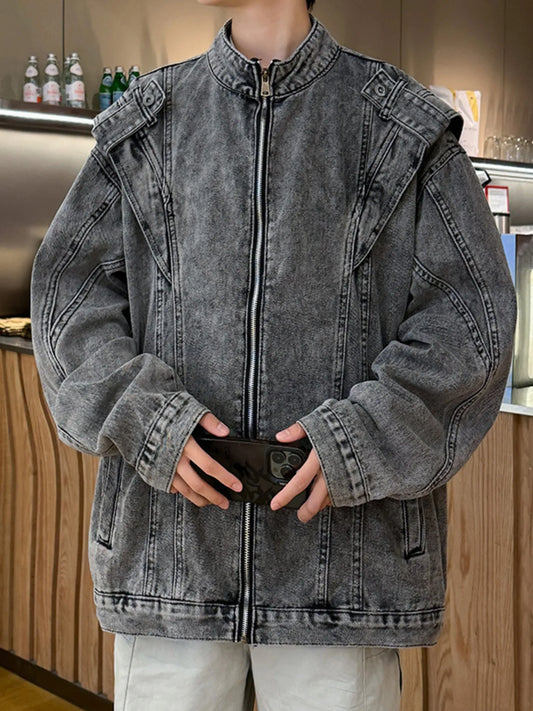 Men's Plus Size Zip Up Long Sleeve Denim Jacket Gray - Fashorio
