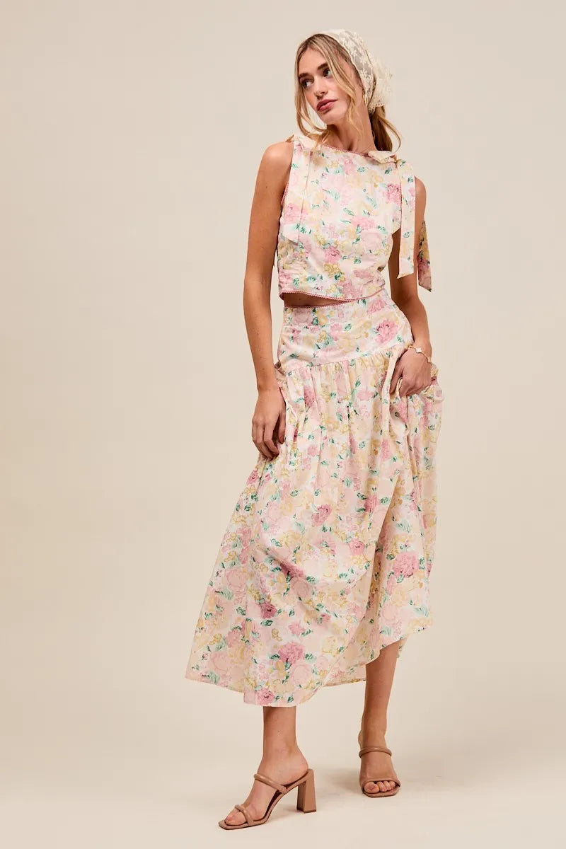 SO ME Floral Printed Woven Shoulder Bow Tie Top and Skirt Set - Fashorio
