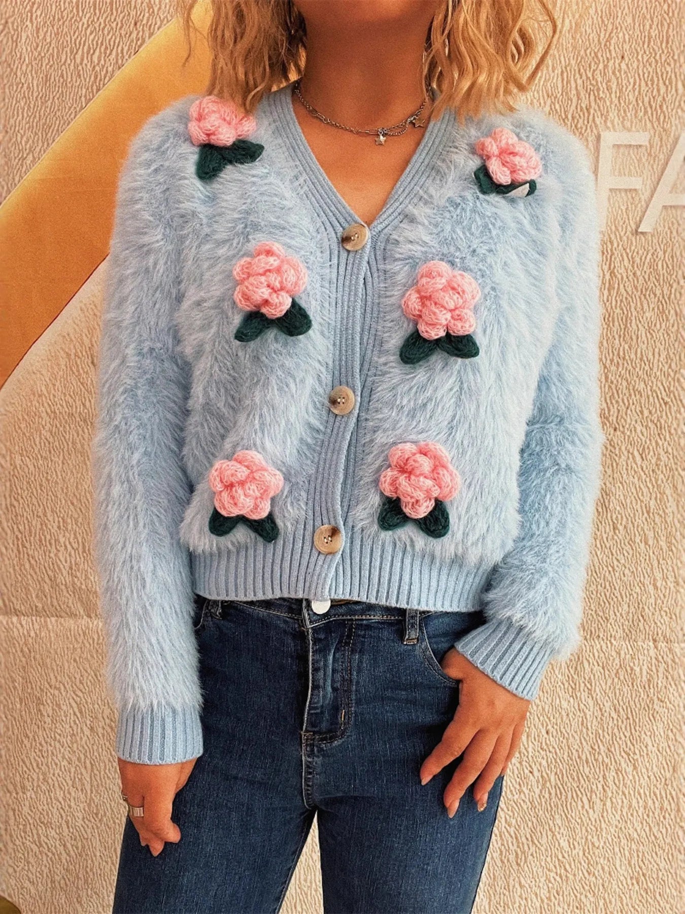 Flower Fuzzy Button-Up Cardigan - Fashorio