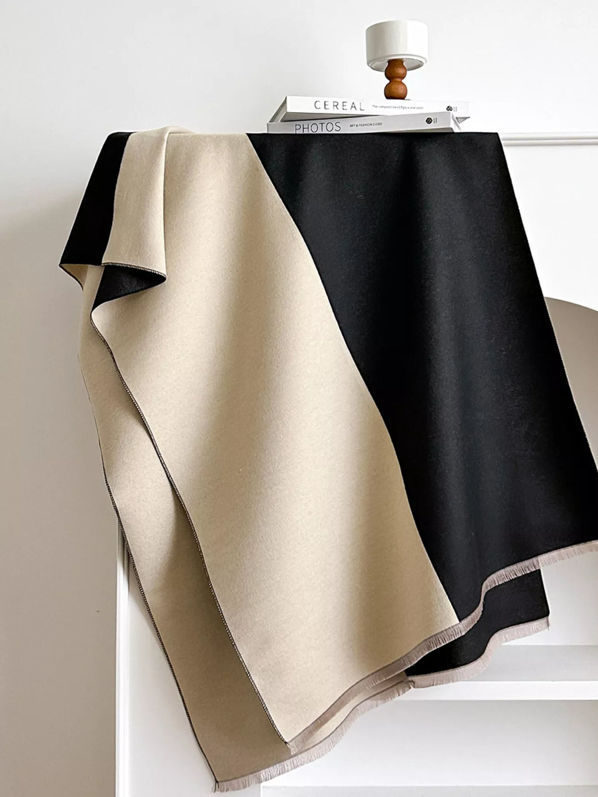 Full length view of the two-tone scarf