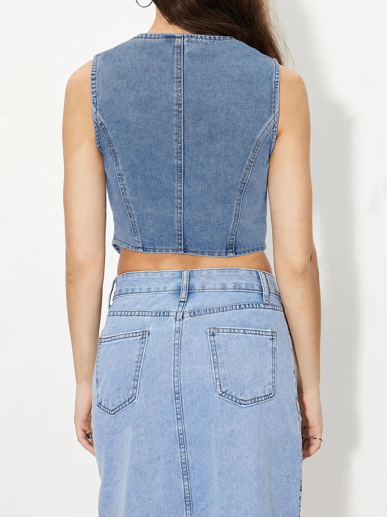 Button-Up Sleeveless Denim Vest - Fashorio