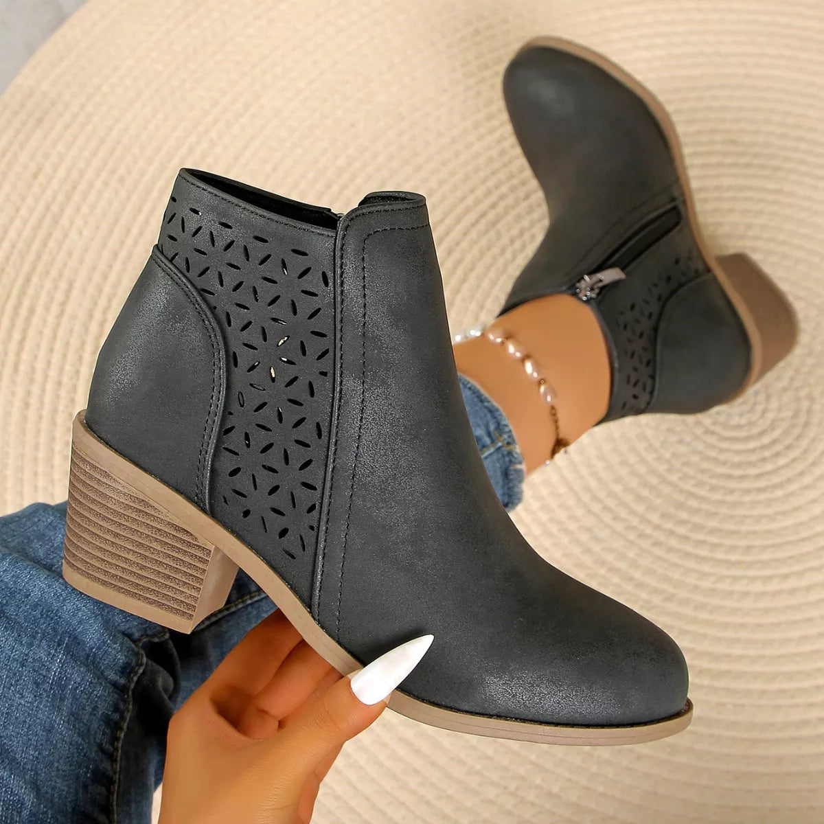 Point toe block heel boots top down view