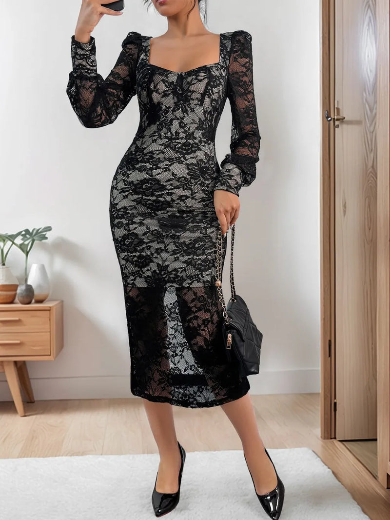 Black lace sweetheart neck long sleeve midi dress front view
