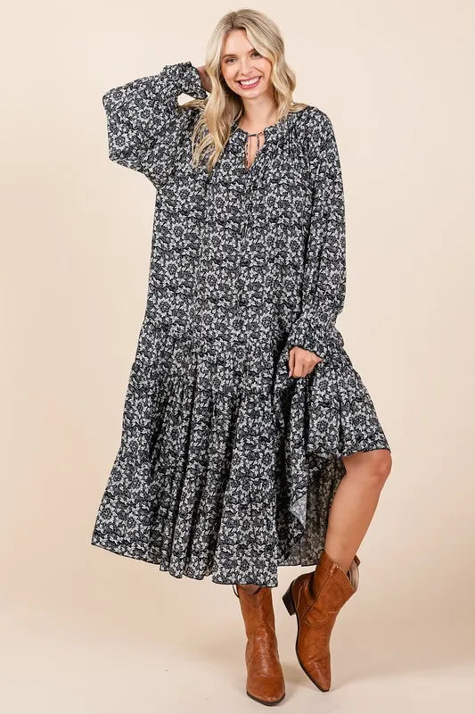 Printed Tie Neck Flounce Sleeve Midi Dress