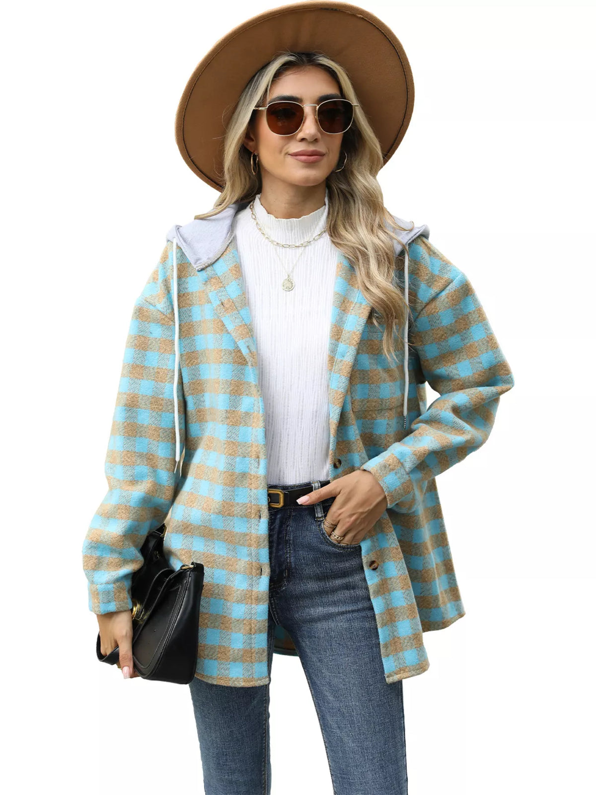 Plaid Hooded Drawstring Jacket in Black view 7