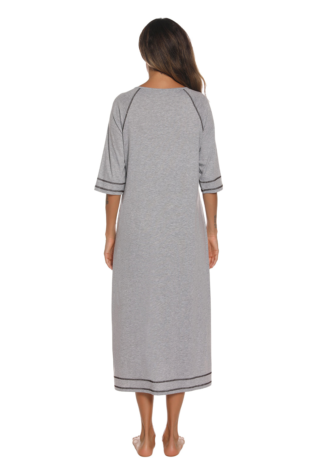 Zip Up Slit Round Neck Night Dress with Pockets - Fashorio