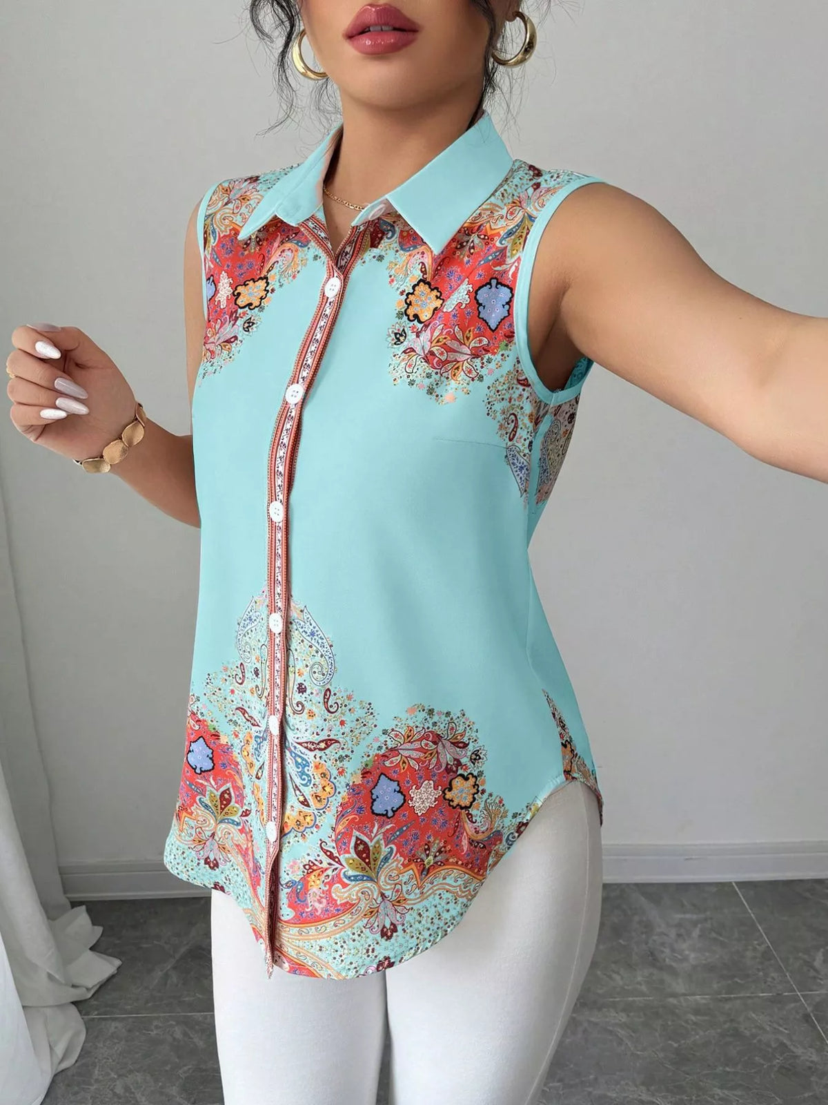 Button up sleeveless shirt front view