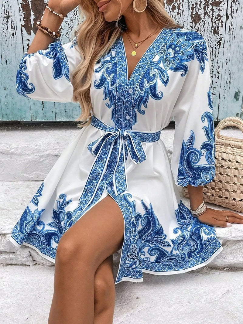 Paisley print V neck belted mini dress front view