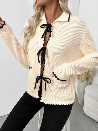 Tie Front Long Sleeve Cardigan - Fashorio