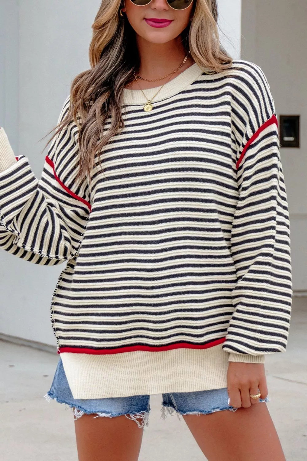 Striped Ribbed Drop Shoulder Oversized Sweater back view