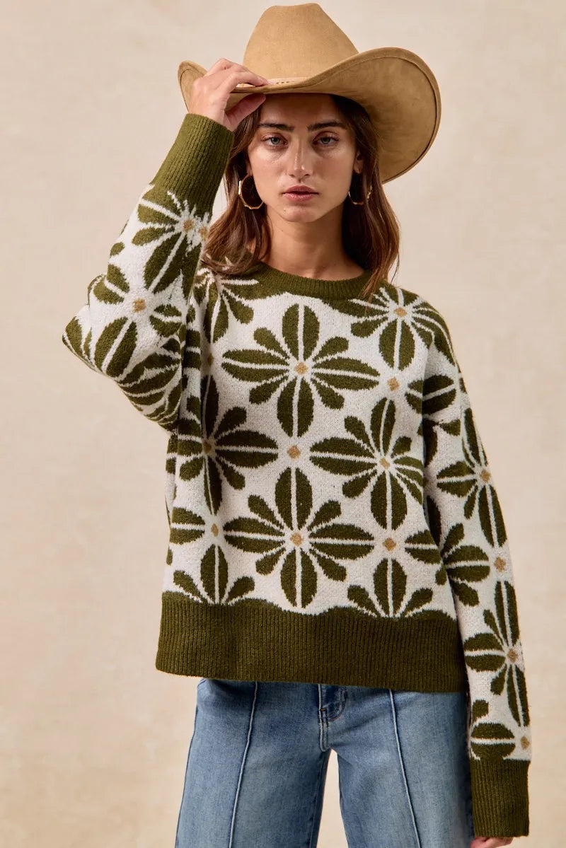 BiBi Flower Pattern Long Sleeve Sweater - Fashorio