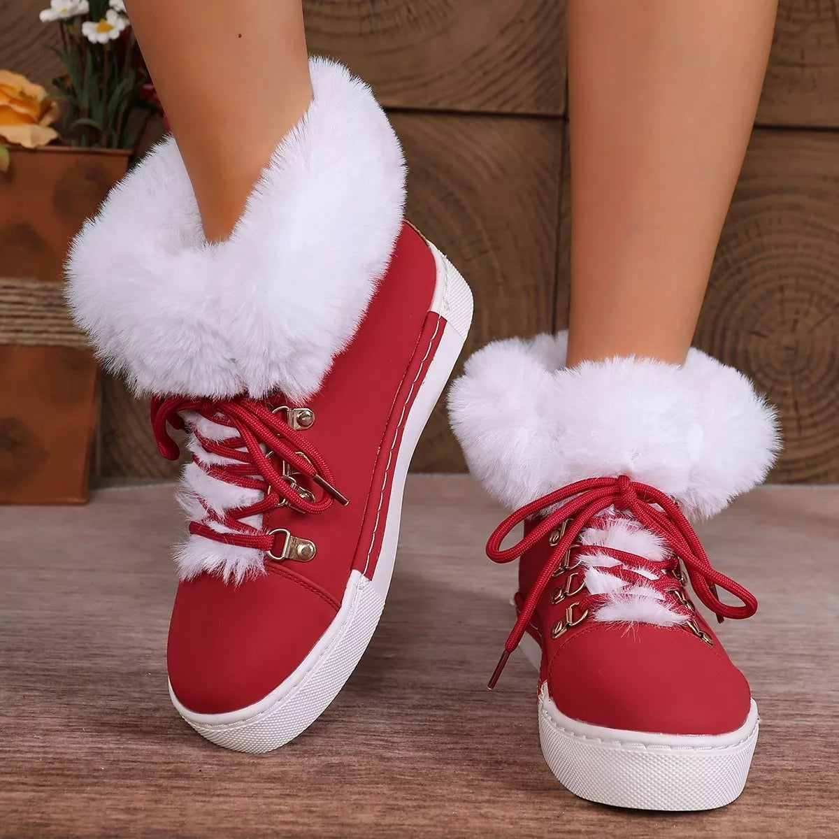 Fur lined round toe platform boots full length shot