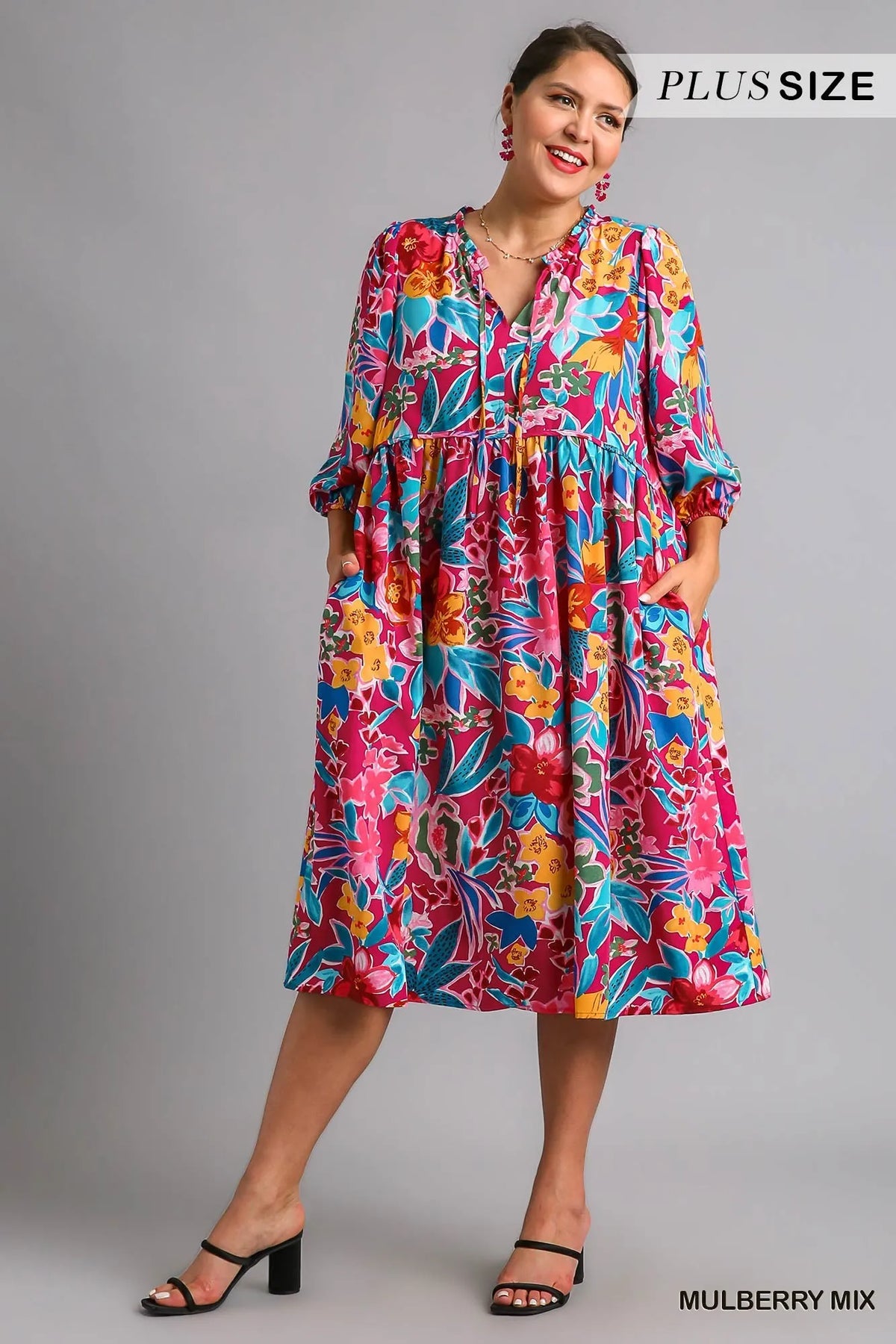 Floral Print Tie Neck Midi Dress with Pockets on model