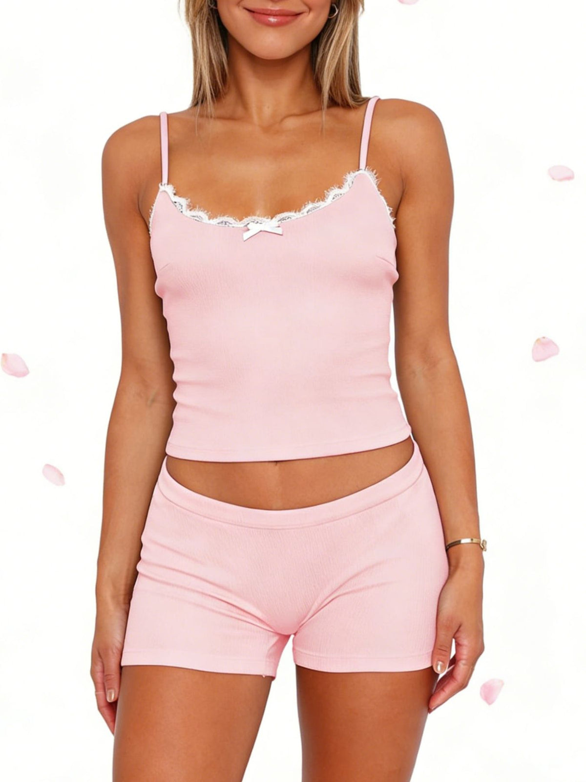 Matching cami and shorts lounge set detail with bow accent