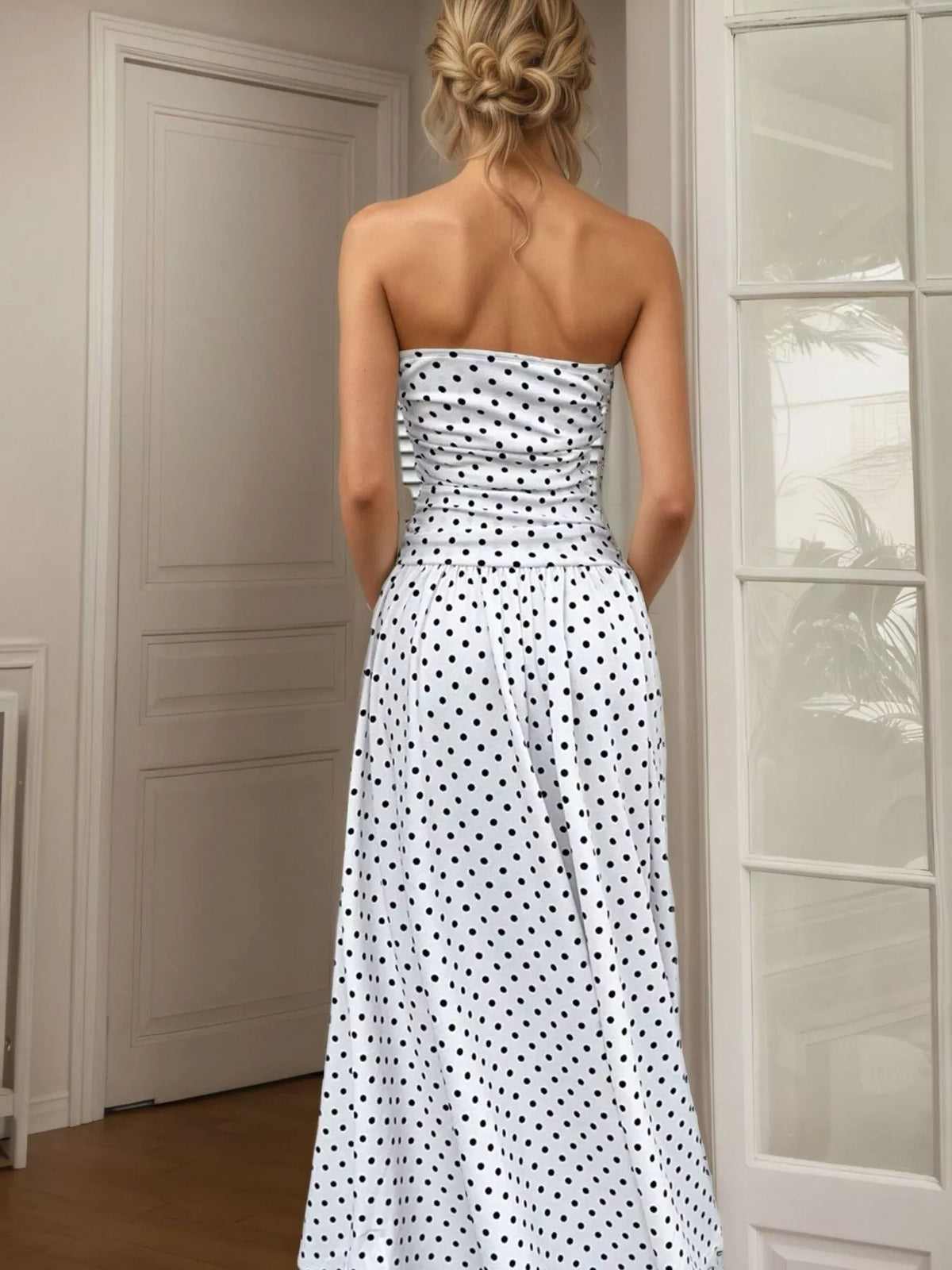 Polka dot strapless maxi dress styled view