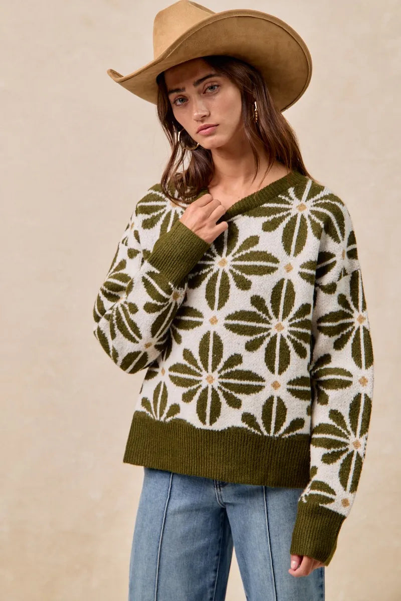BiBi Flower Pattern Long Sleeve Sweater - Fashorio