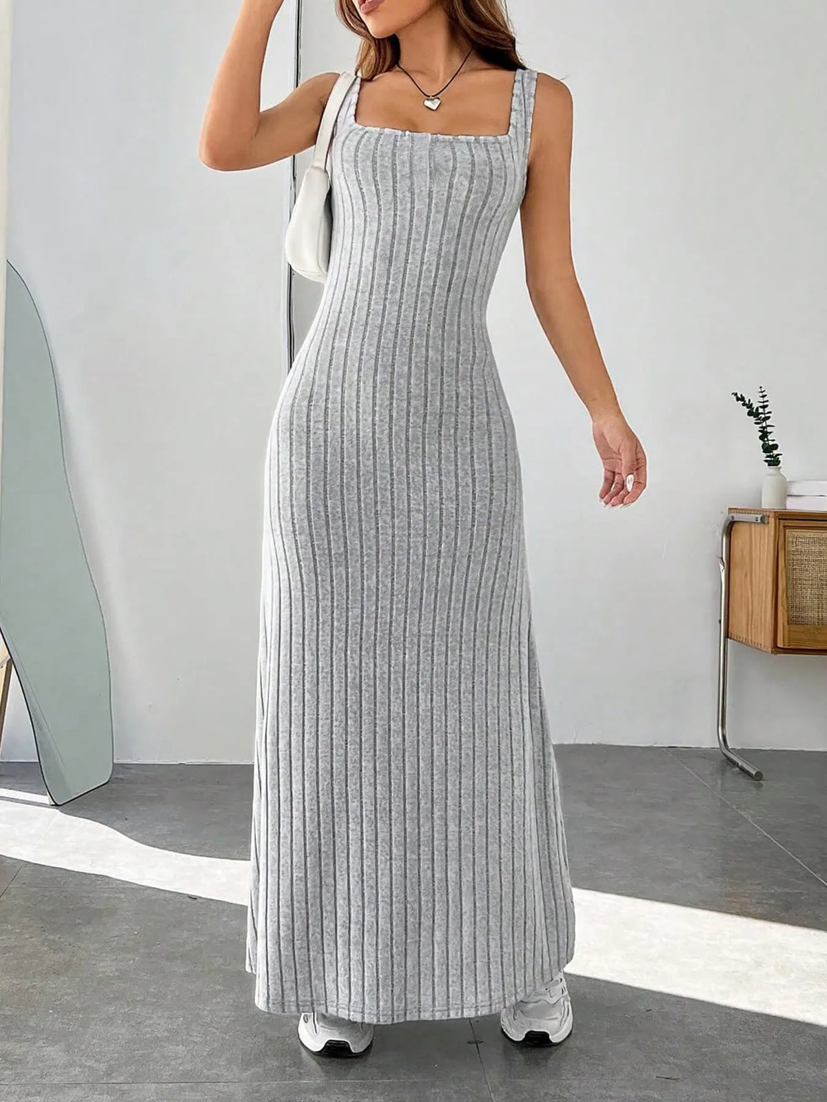ribbed knit square neck sleeveless maxi dress styled view