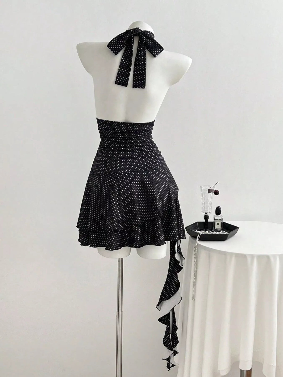 Polka dot halter dress lace up back detail