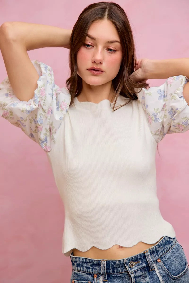 Floral contrast sleeve sweater top styled outfit