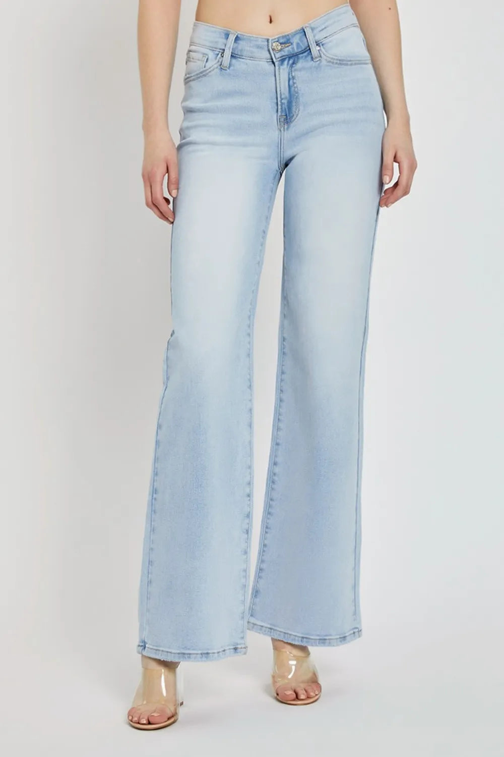 RISEN Full Size Wide Leg V Dipped Front Waist Jeans Light - Fashorio