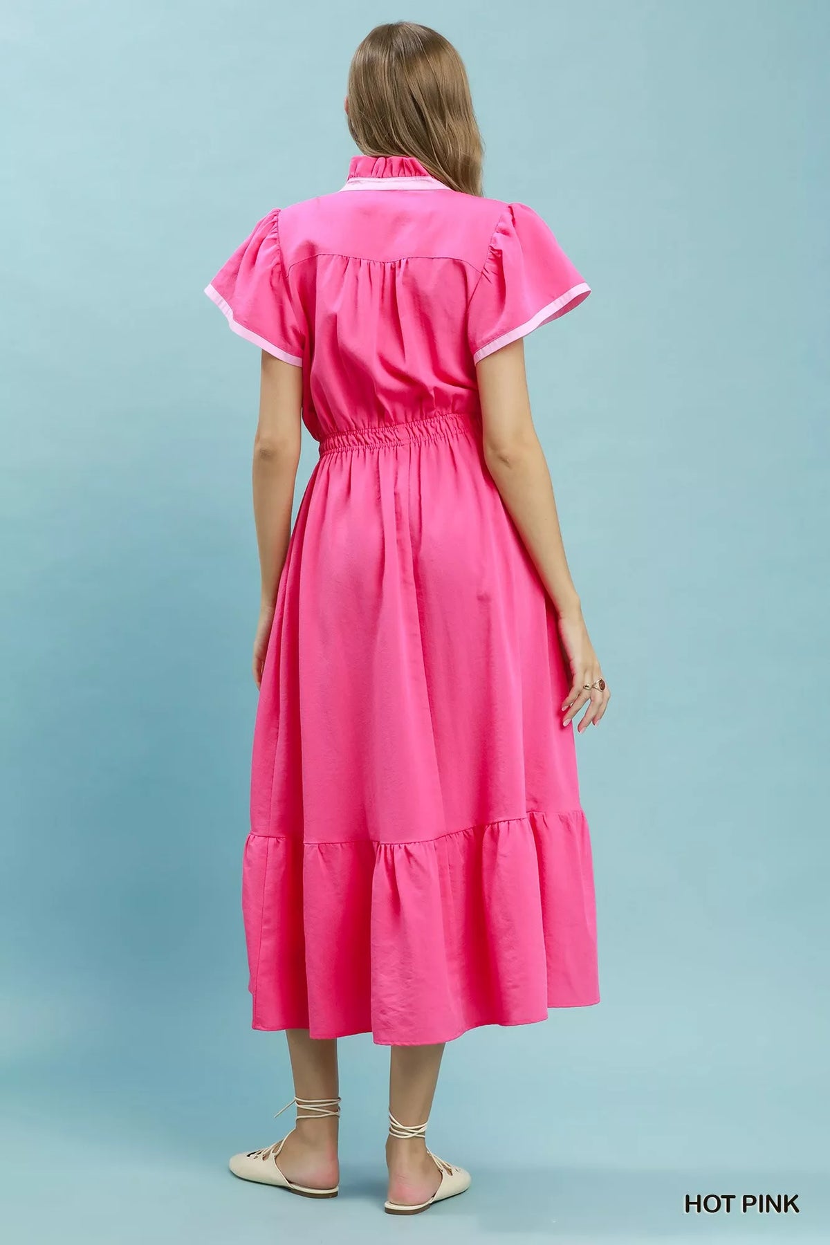 Hot pink midi dress flutter sleeve detail