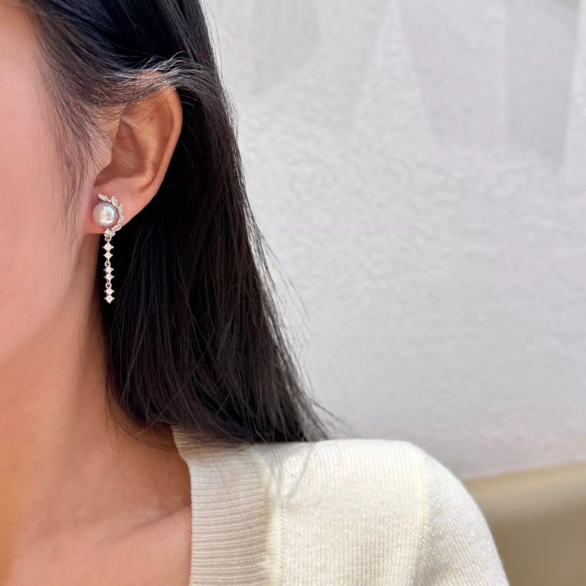 pearl and zircon silver drop earrings front view