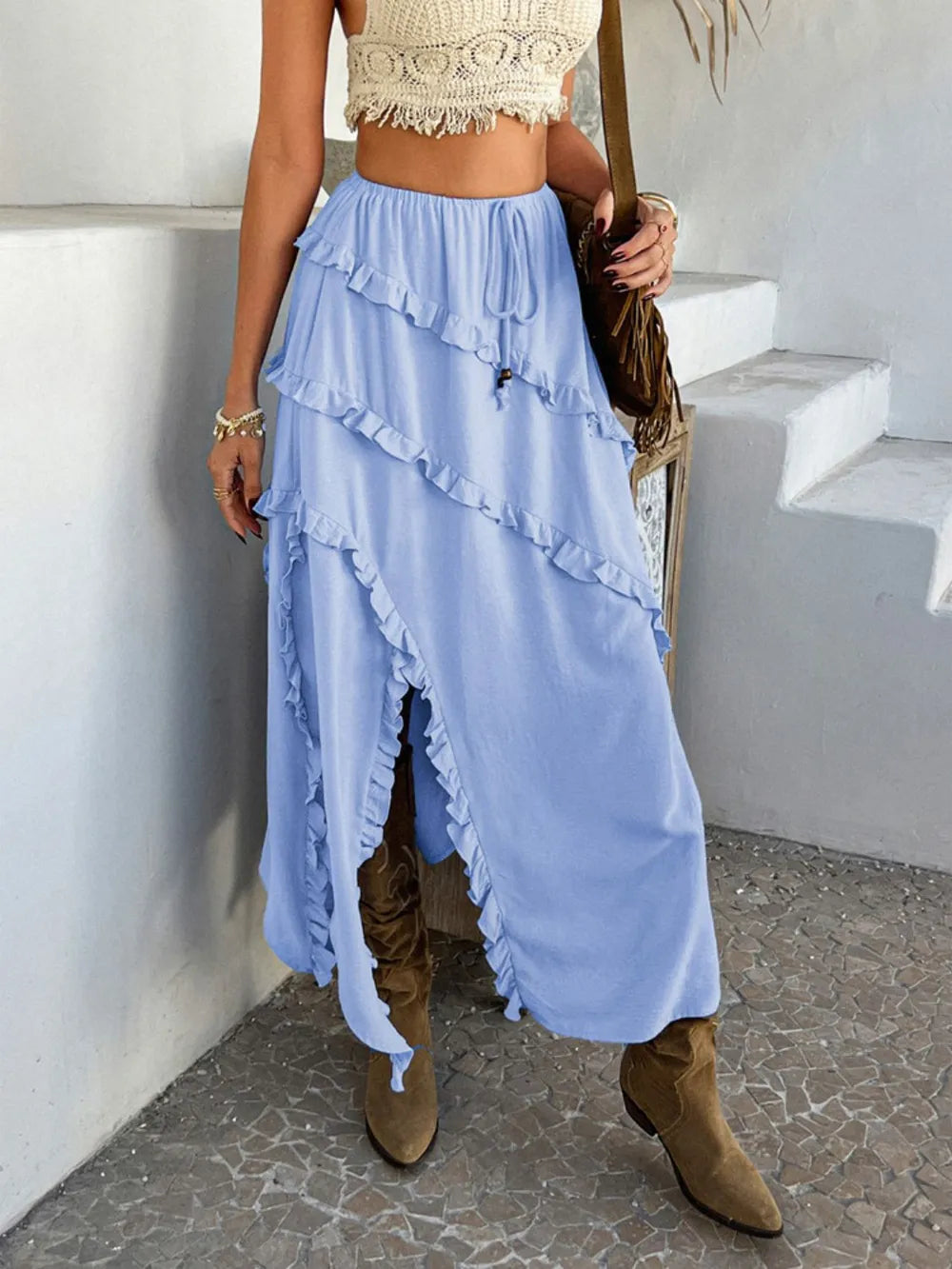 Slit Drawstring Ruffled Maxi Skirt, view 7