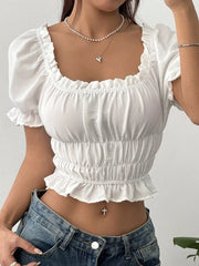 Frill Ruffled Hem Puff Sleeve Crop Blouse White - Fashorio