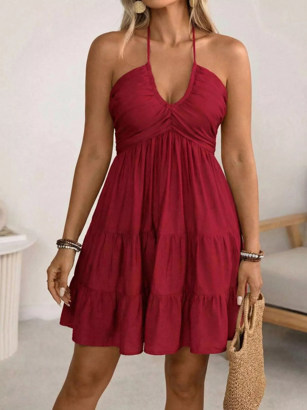 Rust tiered ruffle mini dress back view