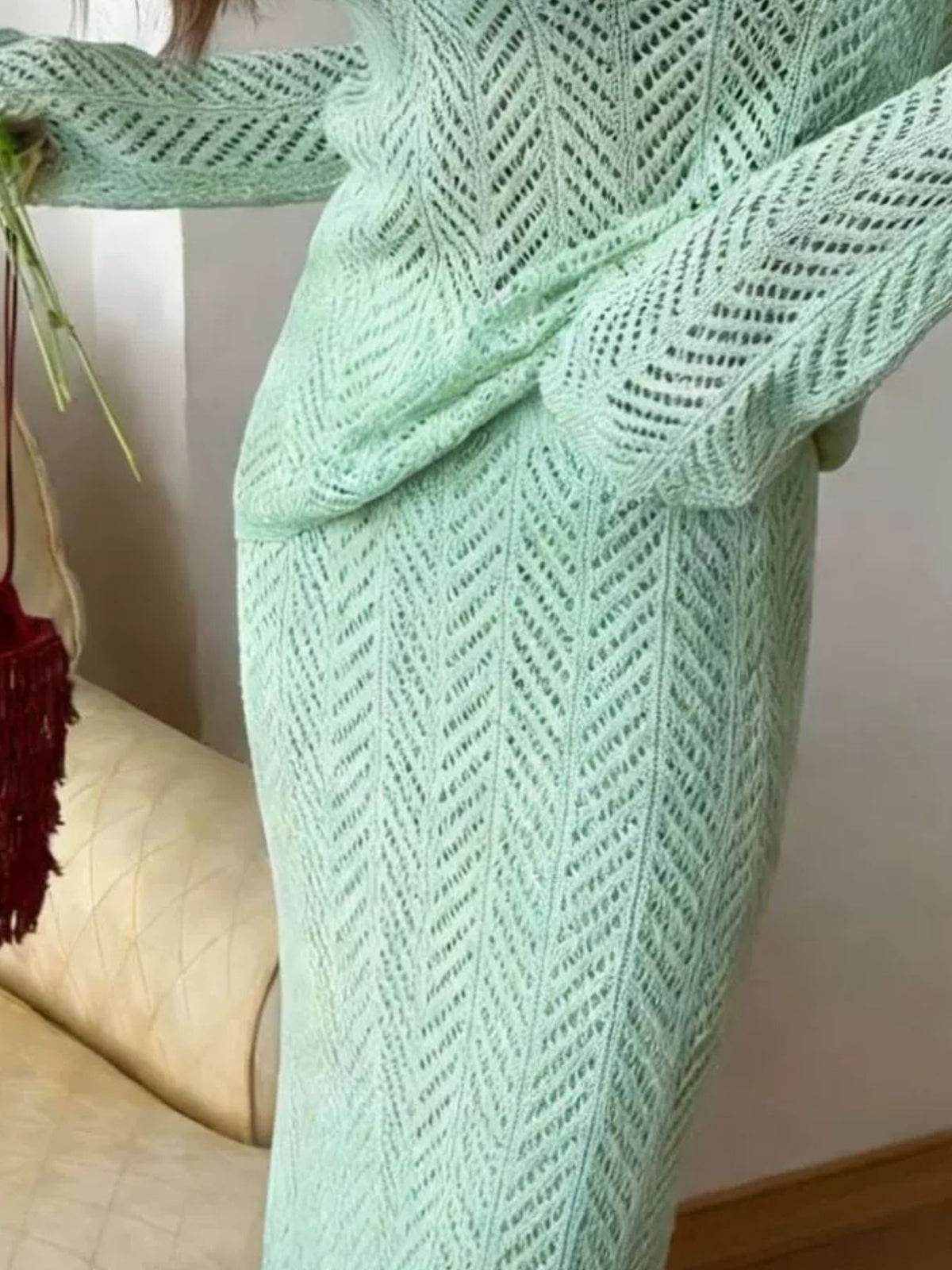 Openwork Long Sleeve Knit Top and Skirt Set, view 9