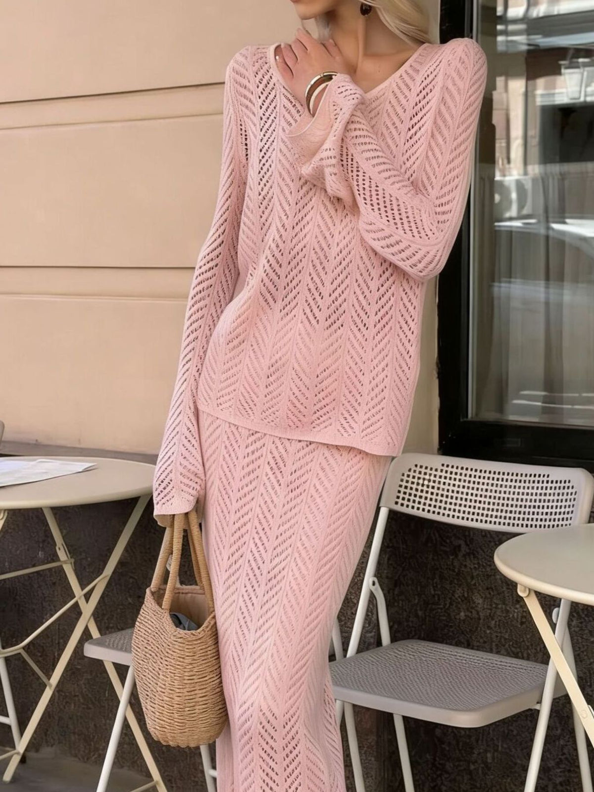 Openwork knit two piece set on model