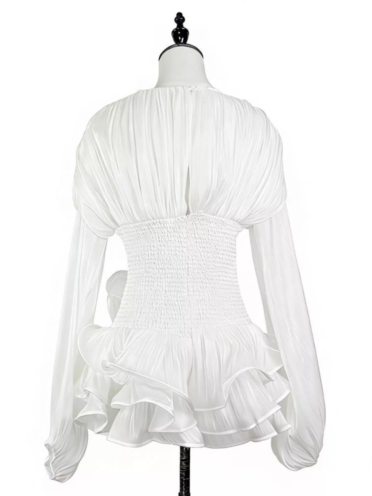 Ruffled long sleeve mini dress detail view