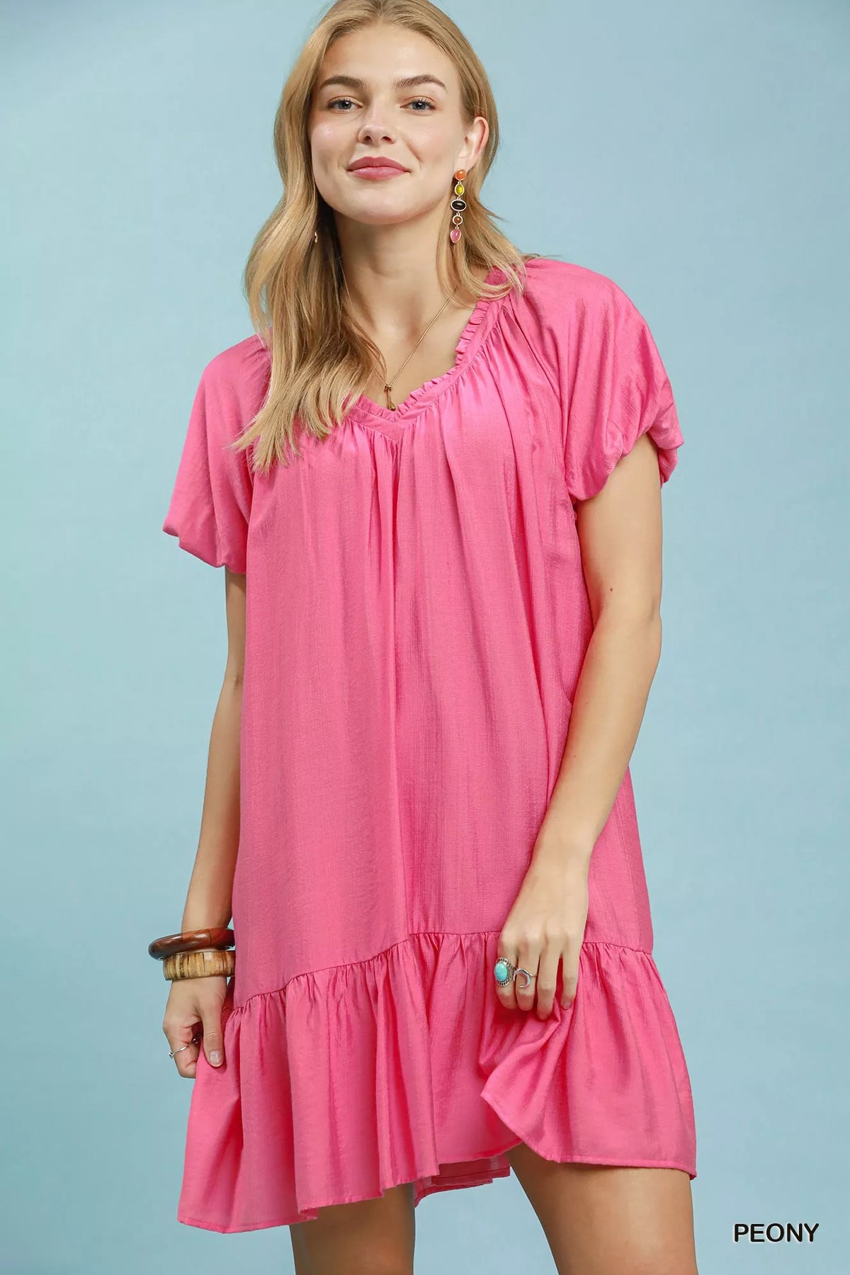 Peony pink Umgee ruffle hem shift mini dress front view