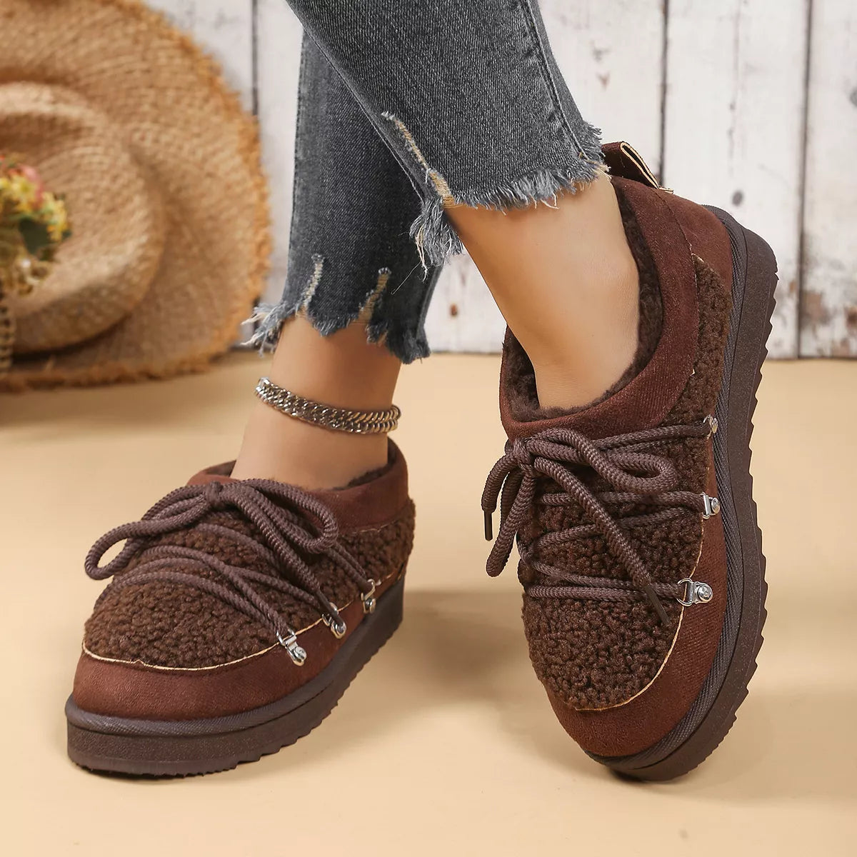 Lace Up Round Toe Platform Ankle Boots material texture