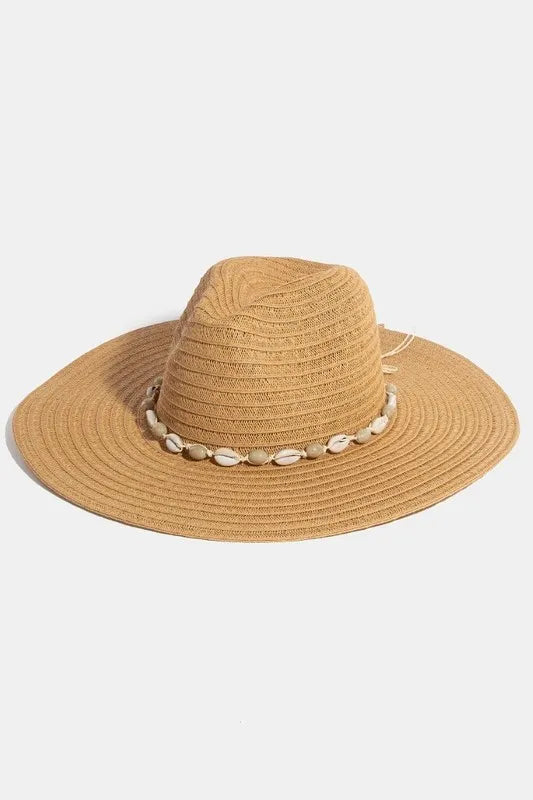 Fame Shell Beaded Wide Brim Straw Hat Khaki One Size - Fashorio