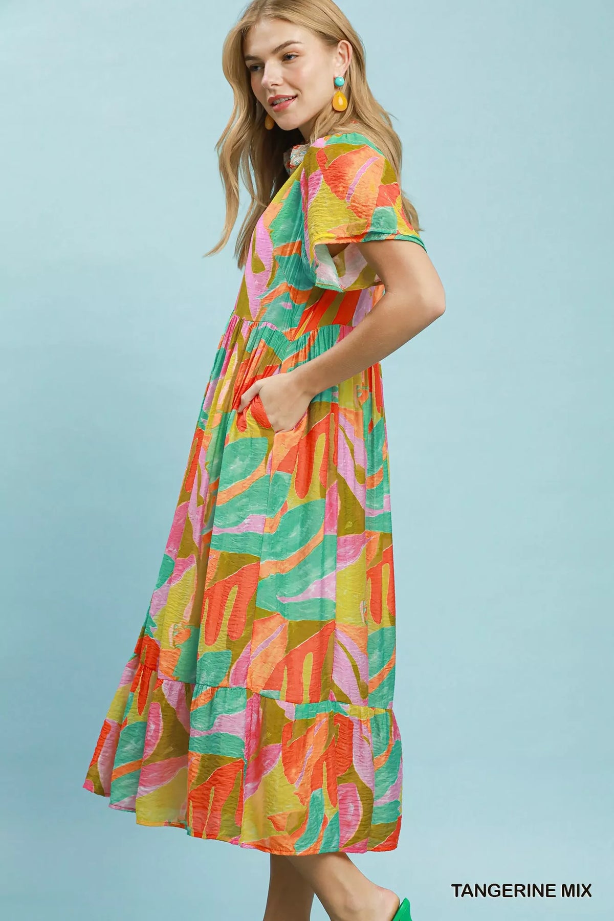 Umgee tropical leaf print midi dress V neck detail