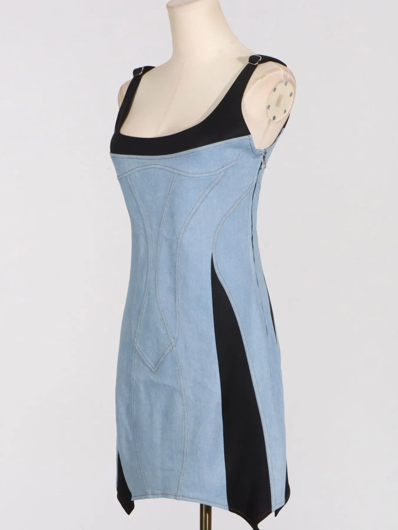 Contrast Adjustable Strap Denim Dress - Fashorio
