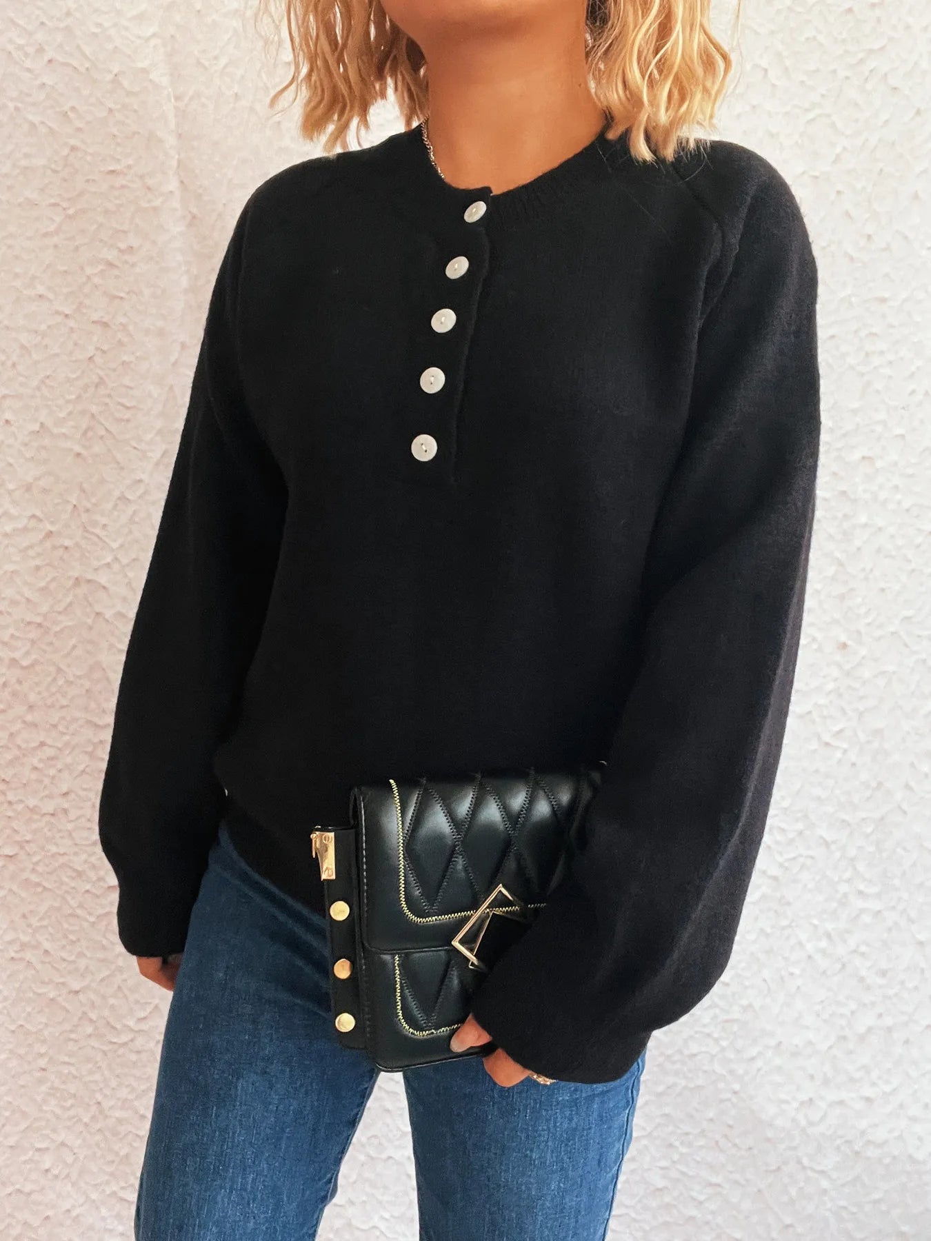Button-Front Long Sleeve Sweater - Fashorio