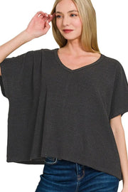 Zenana Ribbed V-Neck Short-Sleeve Knit Top BLACK - Fashorio