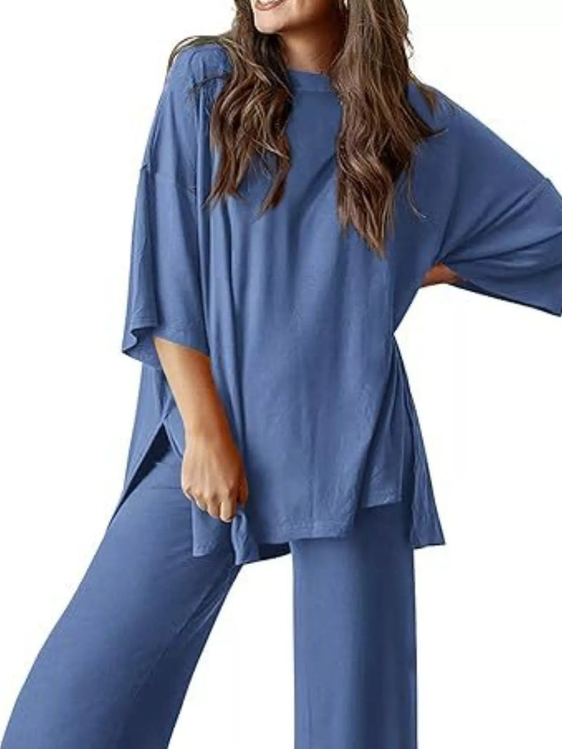 Slit round neck top and pants set front view